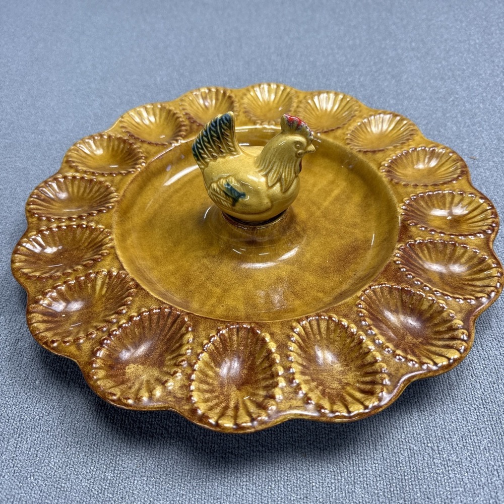 Vintage ceramic deviled egg platter rooster figure rustic California Pottery